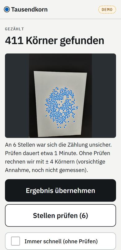 App: Kornzahl mit allen Marken und unsicheren Stellen