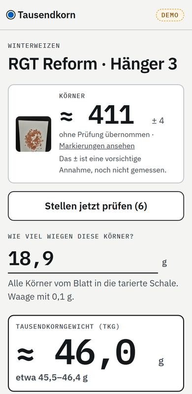 App: Ergebnis mit TKG und Aussaatmenge